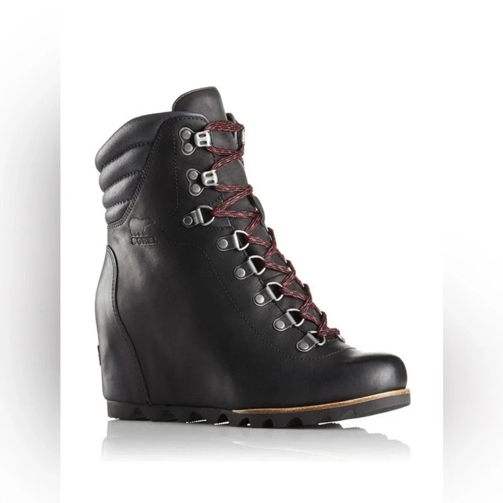 SOREL Conquest Lace Up Wedge Booties‎ WATERPROOF LEATHER BLACK 6.5